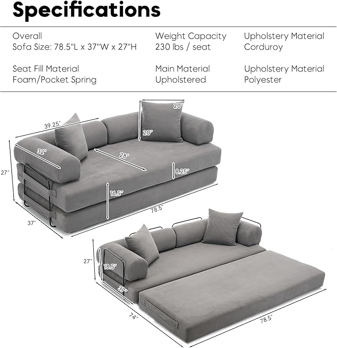 Convertible Sleeper Sofa Bed with Cylindrical Pillow, Corduroy Folding Mattress Couch with Fixed-Shape Frame, Floor Sofa Lounge Couch for Living Room Bedroom Lounge Studio-Grey