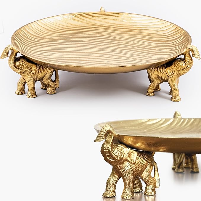 Round Decorative Tray with Elephant Stands, Golden – Tray for Coffee Table, Home Decor, Centerpiece, Serving Platter & More – Circular Tray with Symbolic Elephants