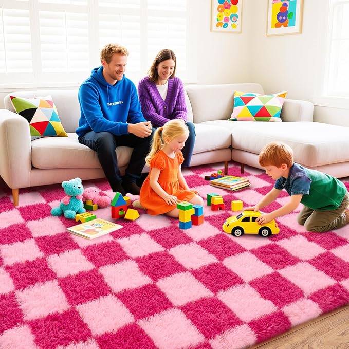 Checkered Rugs for Bedroom, Ultra Fluffy Fuzzy Shag Area Rug for Living Room 5x7, Modern Plush Soft Upgrade Non-Slip Carpet for Girls and Kids Room Dorm Nursery Home Decor, Pink and Hot Pink