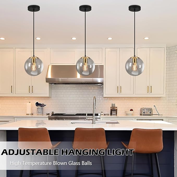 KoKo&Yukina 8 Inch Gold Pendant Light Globe Pendant Lights Kitchen Island Mid Century Light Fixture with Grey Glass Shade Adjustable Globe Cluster Lights for Dining Room Living Room