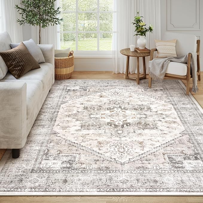LIVEBOX Washable Area Rug 8x10 - Large Taupe Vintage Tribal Living Room Rug Oriental for Bedroom, Non-Slip Retro Medallion Carpet Print Distressed for Dining Room Guest Office