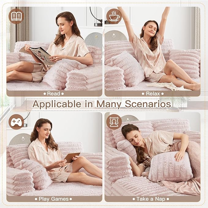 56"W Oversized Chaise Lounge Chair Indoor,Plush Faux Fur Sleeper Sofa Couch Bed with Pillows&Wide Armrest,Fluffy Comfy Cloud Sofa,Compression Foam Boneless Couch for Living Room,Bedroom(Pink)