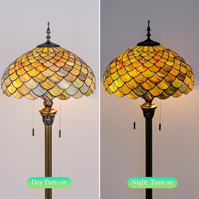 Tiffany Floor Lamp Green Wisteria Style Stained Glass Standing Reading Light 16x16x64 Inch Retro Inspired Pole Corner Lighting Art Decor for Bedroom Living Room Home Office (Green Fishscale)