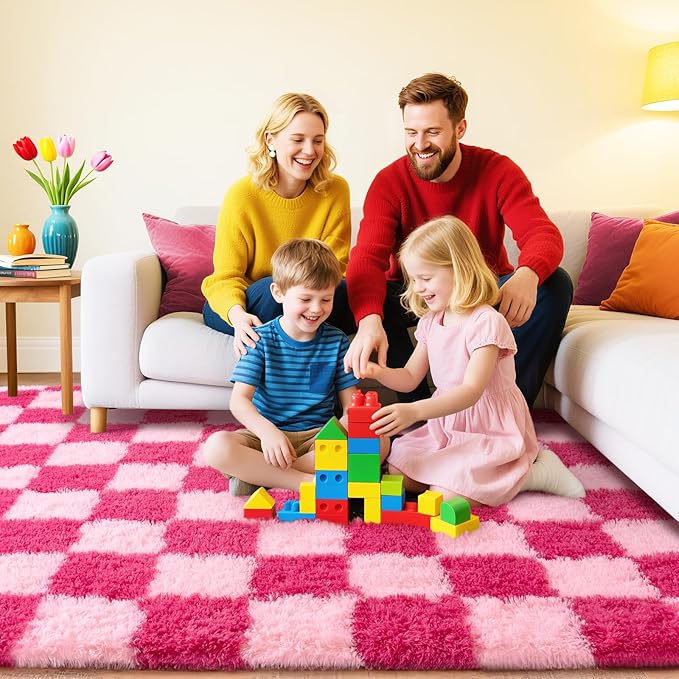 Checkered Rug for Living Room 8x10, Ultra Fluffy Fuzzy Shag Large Area Rug for Bedroom, Modern Plush Soft Upgrade Non-Slip Carpet for Kids and Girls Room Dorm Home Decor, Pink and Hot Pink