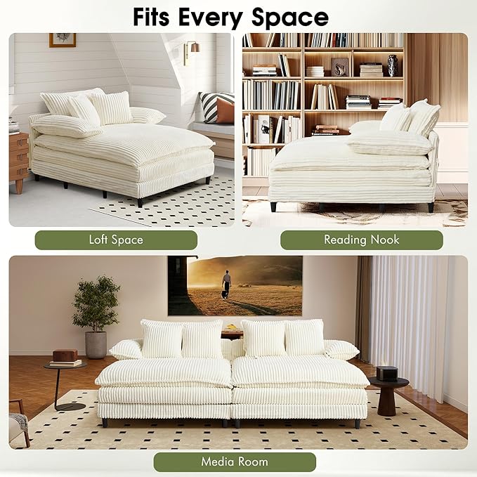 55" W Oversized Chaise Lounge Sofa Couch with 5-Position Adjustable Backrest, Corduroy Sleeper Sofa Bed, Reading Chair ‌with Deep Seat, Cloud Couches for Living Room, Beige