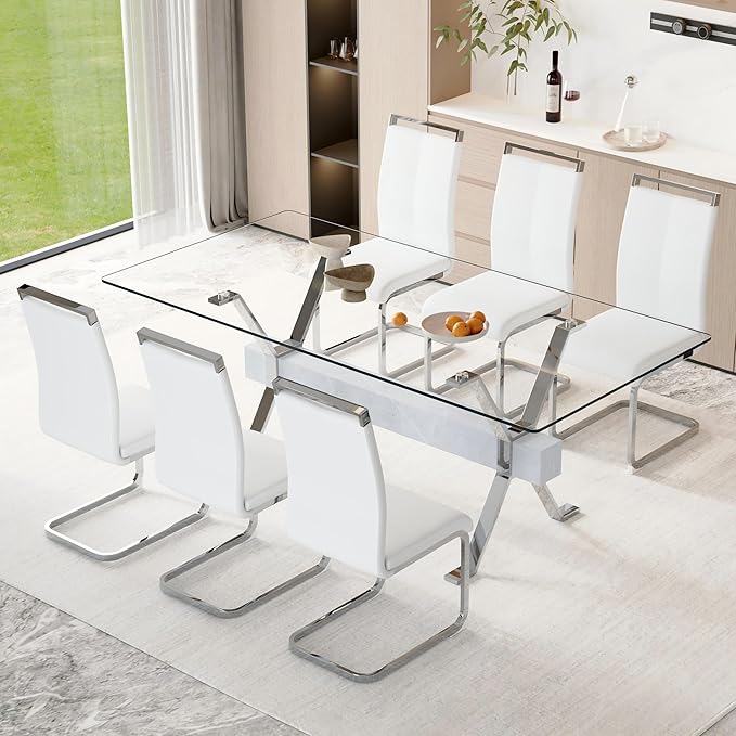 7 Piece Glass Dining Table Set, 79" Modern Dining Table Set for 6, 0.5" Thick Tempered Glass Tabletop with Silver Chrome Metal Legs and Grey Crossbar, 6 PU Chairs for Dining Room, Kitchen