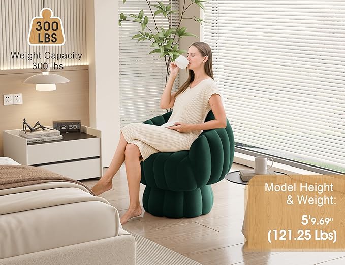Mid Century Modern 360 Degree Barrel Swivel Accent Sofa Chair,Fluffy Velvet Fabric Lounge Wide Upholstered Pumpkin Reading Chair, Round Cloud Armchair for Living Room,Bedroom,Vanity(Green)