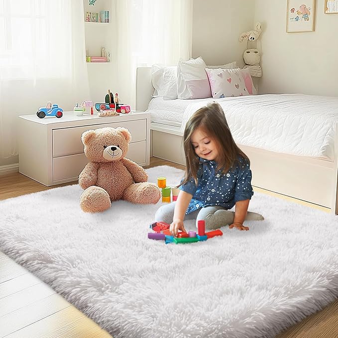 3x5 Area Rug for Bedroom, White Rugs for Living Room Nursery Kids Room Dorm Home Decor Aesthetic, Fluffy Shaggy Rug with 4 Anti-Slip Carpet Tapes
