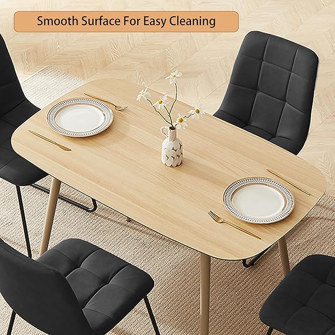 47.2" Modern Dining Table Set for 4, Wood Table with 4 Black Leather Chairs, Stylish Kitchen & Dining Room Furniture, Space-Saving Table and Chairs Set