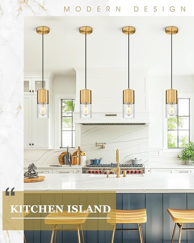 Gold Pendant Lights Kitchen Island, Hanging Lights Fixtures with Cylinder Clear Glass, Modern Brass Kitchen Pendant Lighting Over Island for Dining Room, AD-24023-1P-GD