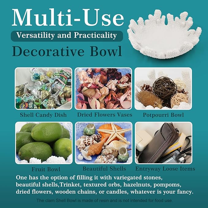 Accessoryway White Coral Textured Decorative Bowl,9.45" Medium Resin Decorative Centerpiece Bowl for Coastal Beach theme house table centerpiece decorations & Nautical decorations for coffee table