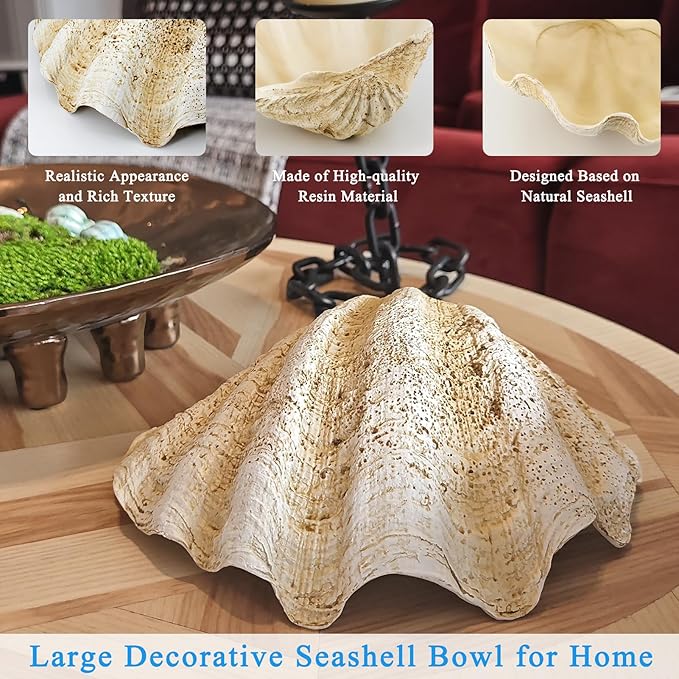 Resin Seashell Decorative Bowl for Home Decor, Large Clam Shell Bowl for Coffee Table Centerpiece Kitchen Counter, Sea Shell Key Bowl for Entryway Table (Beige)