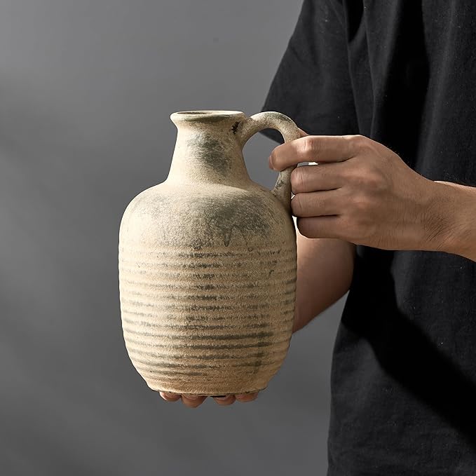 SIDUCAL Rustic Ceramic Farmhouse Flower Vase with 1 Handle-Height 8.43" Terracotta Vase, Unique Textured Pottery Flower Vases for Home Decor, Table, Wedding, Living Room, Shelf Decor, Terra
