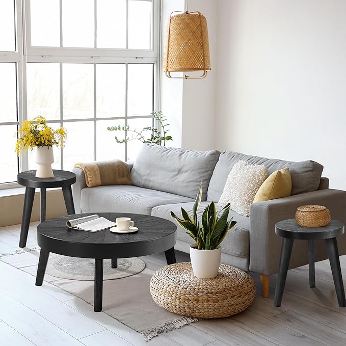 Farmhouse Round Coffee Table Set of 3, Black Sofa Side Nesting Tables End Table Set with Wood Natural Finish for Living Room, Bedroom, Home Office, Conference