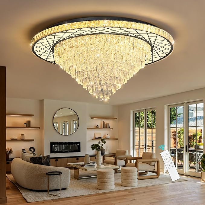Large Chandelier for Living Room High Ceiling Modern Crystal Ceiling Chandeliers Light for Dining Room Entryway Lights with 90W LEDs Dimmable Bulbs Black Lighting Fixtures