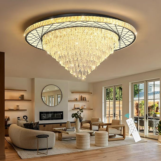 Large Chandelier for Living Room High Ceiling Modern Crystal Ceiling Chandeliers Light for Dining Room Entryway Lights with 90W LEDs Dimmable Bulbs Black Lighting Fixtures