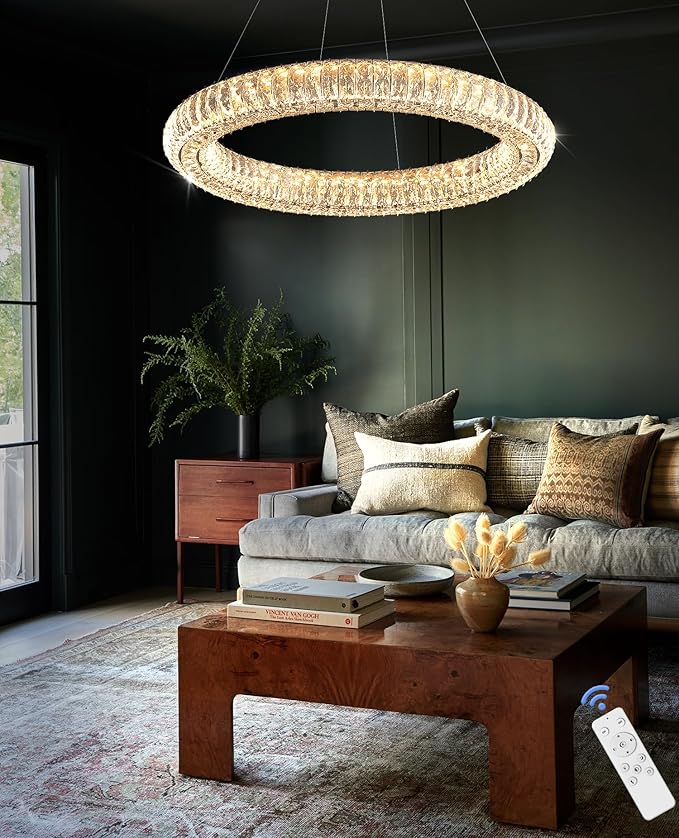 Modern Crystal Chandelier Dimmable LED 23.6" Ring Pendant Light Adjustable Round Chrome Crystal Chandelier Light Fixtures for Dining Room Living Room