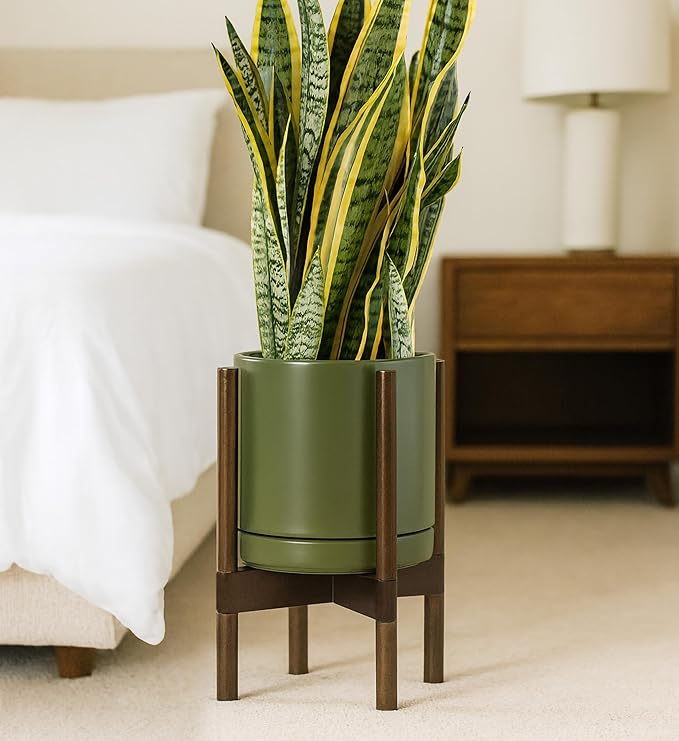 D'vine Dev Ceramic Planter with Walnut Color Stand - 10 Inch Modern Round Flower Pot with Wood Planter Holder, Olive, 55-B-X-J