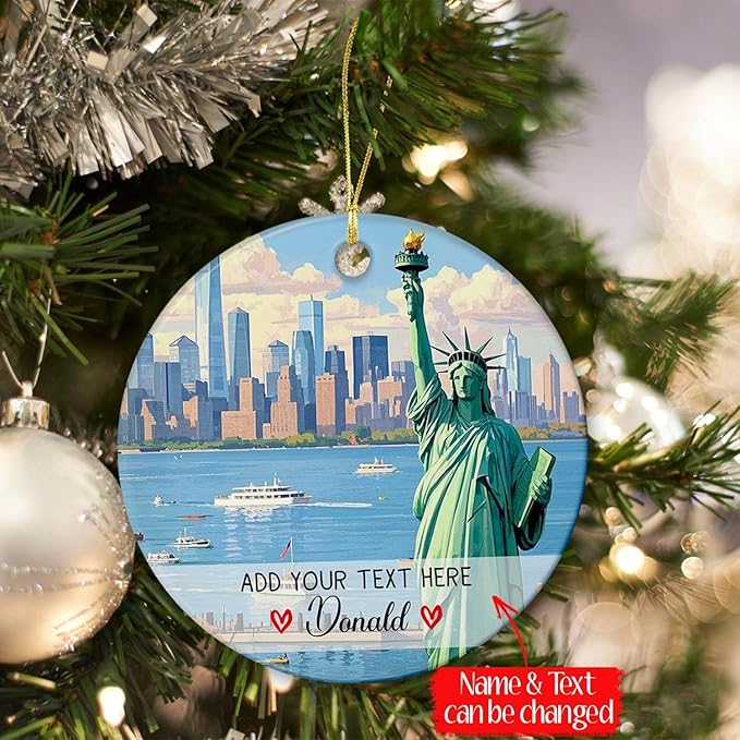 Personalized Statue of Liberty Ceramic Christmas Ornament 2025, New York US Xmas Ornament Gift for Mom Dad Family Friends Travellers, Custom Text/Name New York City Travel Souvenir Keepsake Ornaments