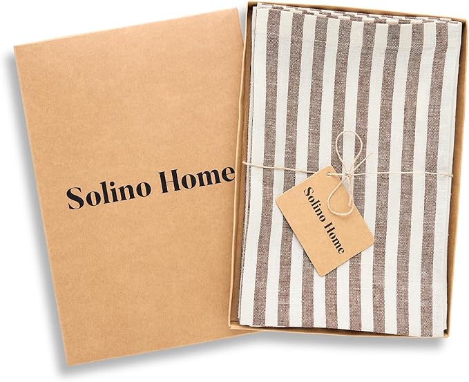 Solino Home Linen Cloth Napkins Set of 4-100% Pure Linen Brown and Cream Striped Dinner Napkins 20 x 20 Inch for Fall, Autumn, Thanksgiving - Amalfi Stripe, Handcrafted and Machine Washable