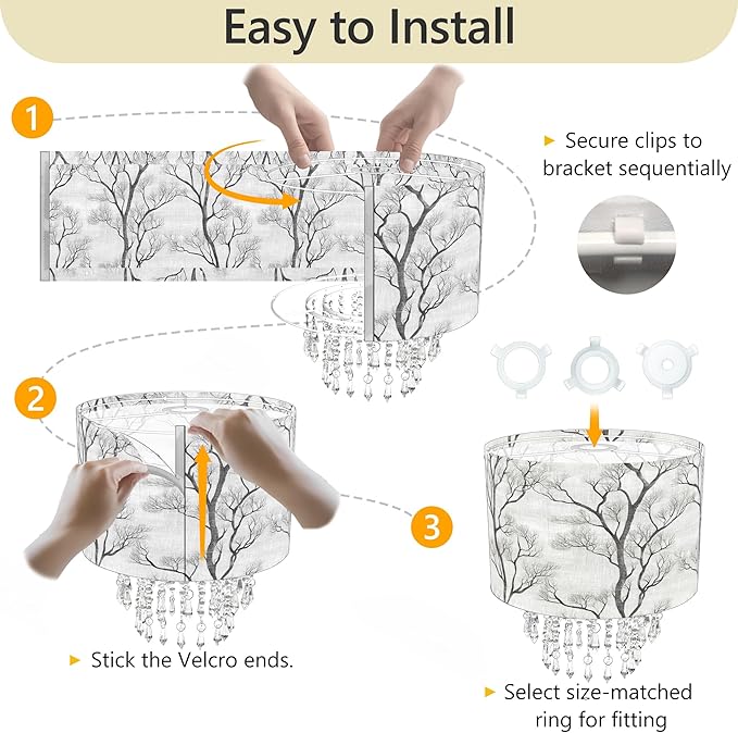 Star Vision Tree Branch Drum Fabric Lampshade with Crystal Bead Droplets, Minimalist Botanical Shade for Pendant Table Wall & Floor Lamps, Nature Home Decor