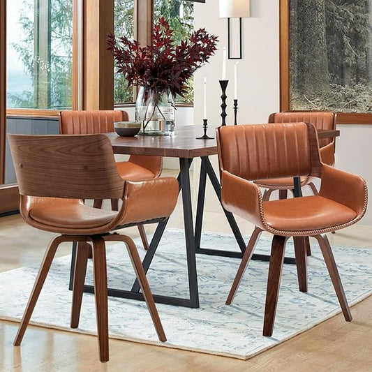 LUNLING Swivel Accent Faux Leather Dining Chairs Set of 4,Mid Century Modern Chairs with Wooden Legs/Armrest/Upholstered Seat/Adjustable Foots for Kitchen Dining Room Desk Chairs,Brown