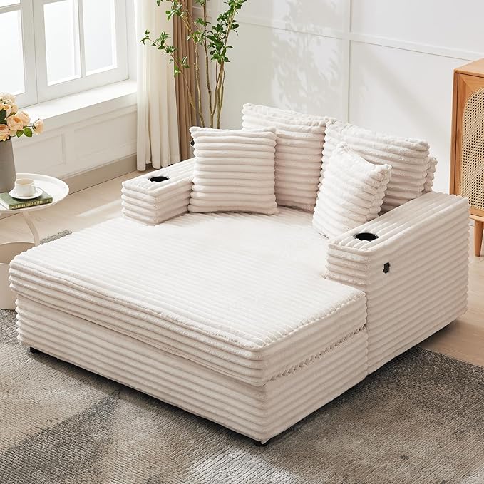 GarveeHome Oversized Chaise Lounge Chair Indoor, Comfy Corduroy Lounge Sofa with Charging Station, Cup Holders & Throw Pillows, Cozy Sleeper Couch for Living Room Apartments, Beige