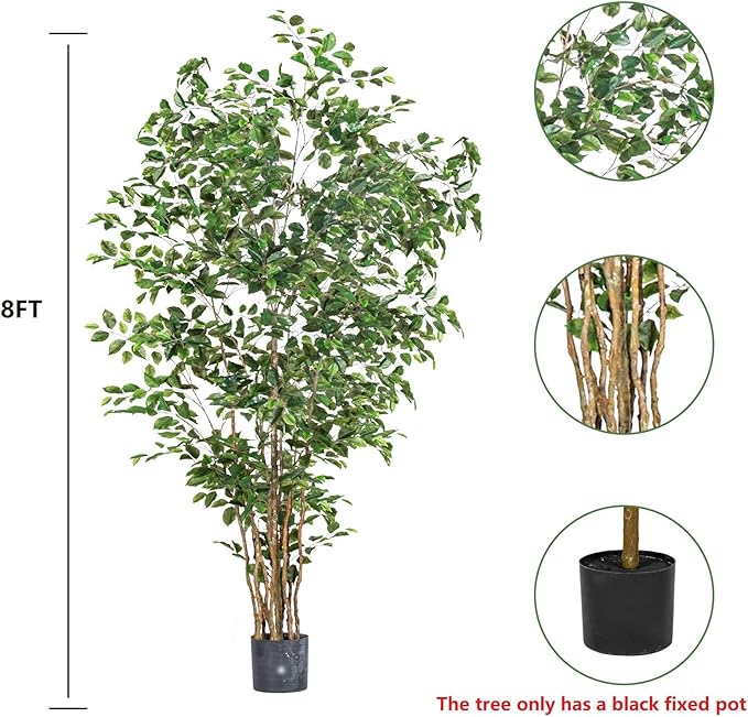 Artificial Ficus Tree Indoor 8ft, Large Potted Faux Tree with Realistic Silk Leaves & Trunk for Home Office, Living Room Corner Decor