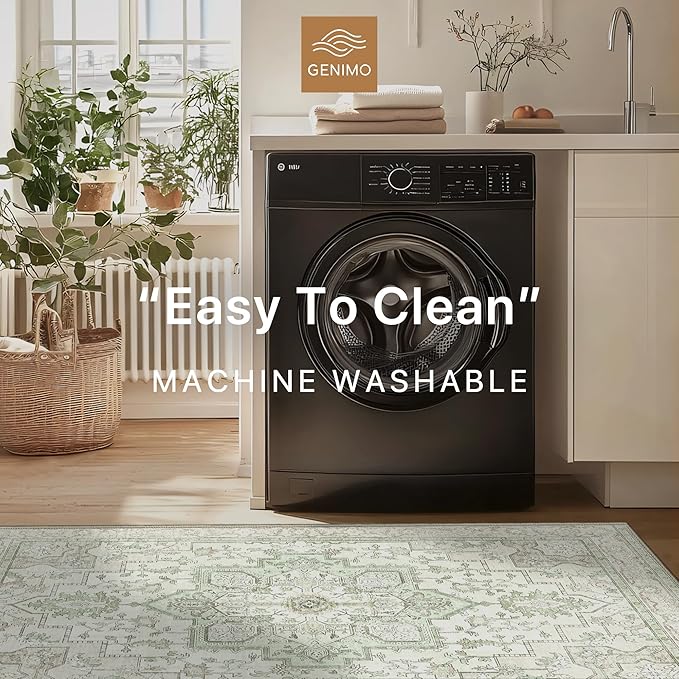 GENIMO 7'6''x9'6'' Area Rugs for Living Room, Machine Washable Non Slip Vintage Rugs, Low Pile Lightweight Chenille Print Rug for Bedroom, Dining Room, Home Office, Oat Light