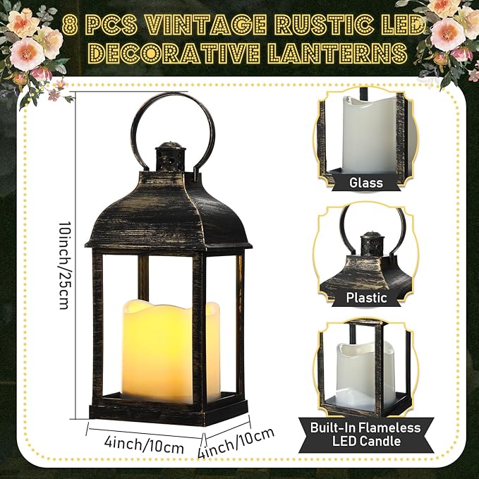 8 Pcs 10 Inch Dark Bronze Decorative Candle Lantern Bulk for Wedding Centerpieces Bronze Lanterns with LED Flameless Candle Indoor Outdoor Battery Powered Hanging Lights for Wedding Party