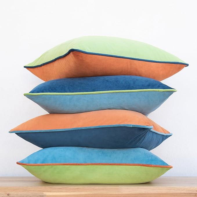 MONDAY MOOSE Decorative Throw Pillow Covers Cushion Cases, Set of 4 Soft Velvet Modern Double-Sided Designs, Mix and Match for Home Decor, Pillow Inserts Not Included (16x16 inch, Blue/Orange)