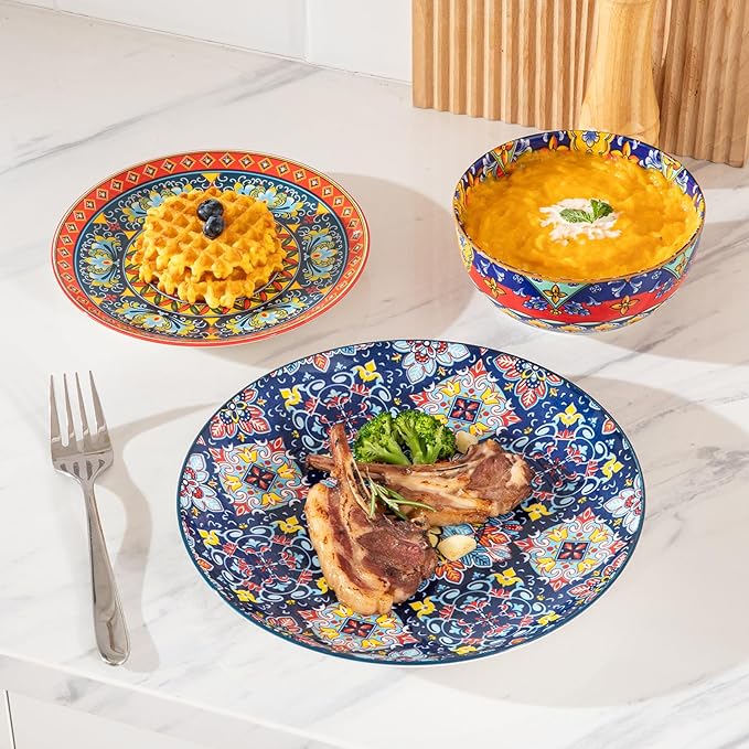 Sweejar Ceramic Dinnerware Sets for 4,12 Pieces Boho Plates and Bowls for Kitchen,Housewaring Gift,Bohemian Style Dish Set,Dishwasher and Microwave Safe(Colorful)