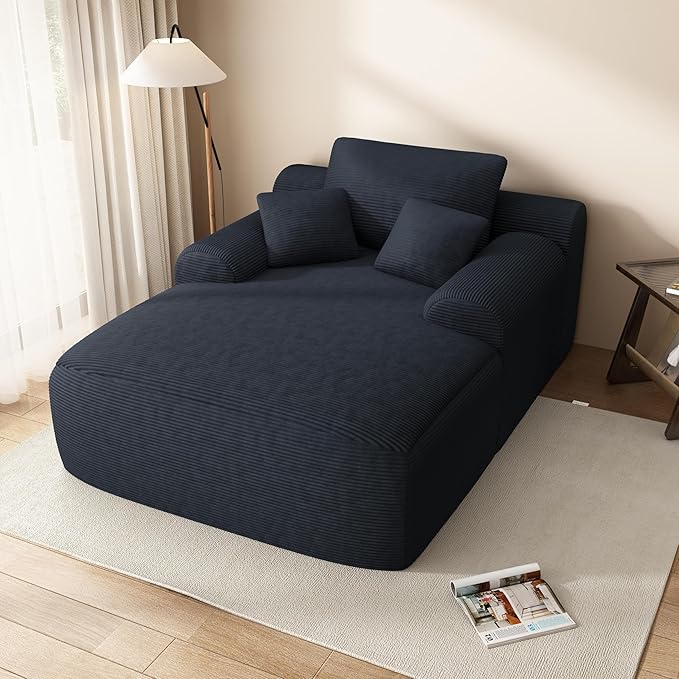 67" Oversized Chaise Lounge Chair with Cover, Comfy Sleeper Sofa Bed, Black Plush Corduory Couch for Living Room,Sofa in A Box,No Assembly Required (Corduroy Blue Cover).