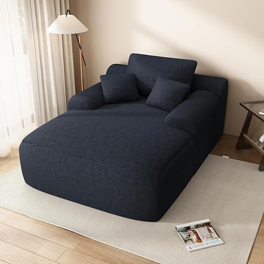 67" Oversized Chaise Lounge Chair with Cover, Comfy Sleeper Sofa Bed, Black Plush Corduory Couch for Living Room,Sofa in A Box,No Assembly Required (Corduroy Blue Cover).