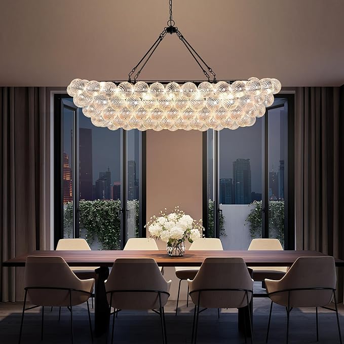 Modern Glass Chandelier Luxury Bubble Chandelier Black Clear Blown Glass Large Pendant Light for Dining Room, Living Room, Foyer, Staircase Dia 55"