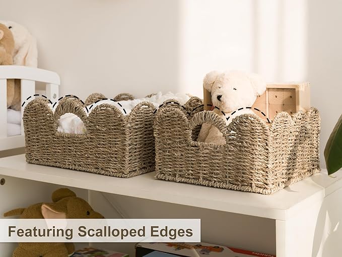 StorageWorks Scalloped Wicker Basket, Hand-woven Rattan Baskets with Built-in Handles, Seagrass Basket for Organizing and Decor, 2 Pack