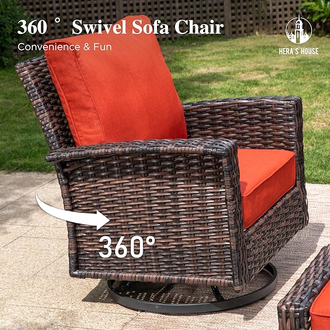 HERA'S HOUSE Outdoor Swivel Chairs with 5.5" Thick Cushions, 35" High Back Patio Furniture Sets, Oversized Wicker Rattan Chairs for Deck Balcony Backyard, Red