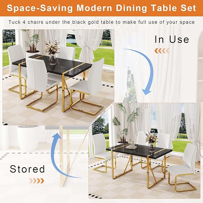 55" Black Dining Table Set for 4, 5 Piece Dining Table Set, 1.5" Black Glossy Wood Tabletop with Gold Metal Legs, Modern Kitchen Table Set with 4 Bow-legged Faux Leather Chairs for Dining, Small Space