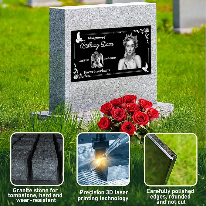 Personalized Headstone with Photo, Memorial Stone, Headstones for Graves, Grave Markers, Black Granite Garden Stone, Memorial Plaques for Outdoor, Grave Decoration for Cemetery (Picture right)