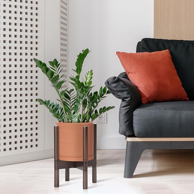 D'vine Dev Terracotta Planter with Walnut Color Stand - 8 Inch Modern Round Flower Pot with Wood Planter Holder, Terracotta, 55-B-Y-5