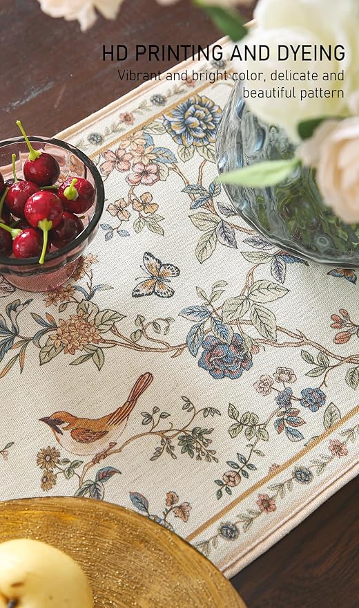 Designer Linen Table Runner 118 Inches Extra Long,Elegant Floral Bird Pattern Table Runners for Dining Room,Farmhouse Rustic Kitchen Decor,Thanksgiving,Christmas,12"*118"-Cornucopia