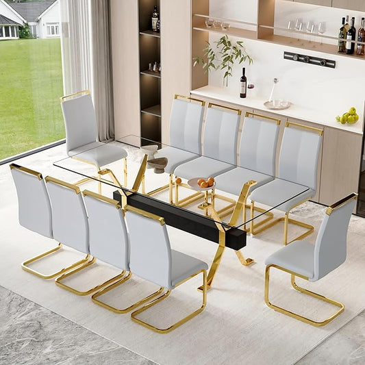 11 Piece Glass Dining Table Set, 79" Modern Dining Table Set for 10, 0.5" Thick Tempered Glass Tabletop with Gold Chrome Metal Legs and Black Crossbar, 10 PU Chairs for Dining Room, Kitchen