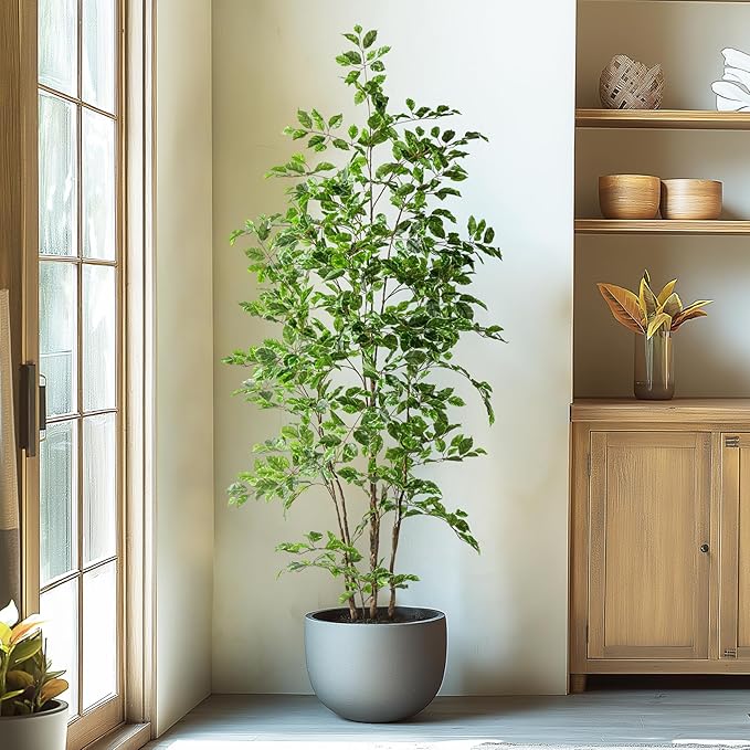 Artificial Ficus Tree Indoor 6ft, Large Potted Faux Tree with Realistic Silk Leaves & Trunk for Home Office, Living Room Corner Decor