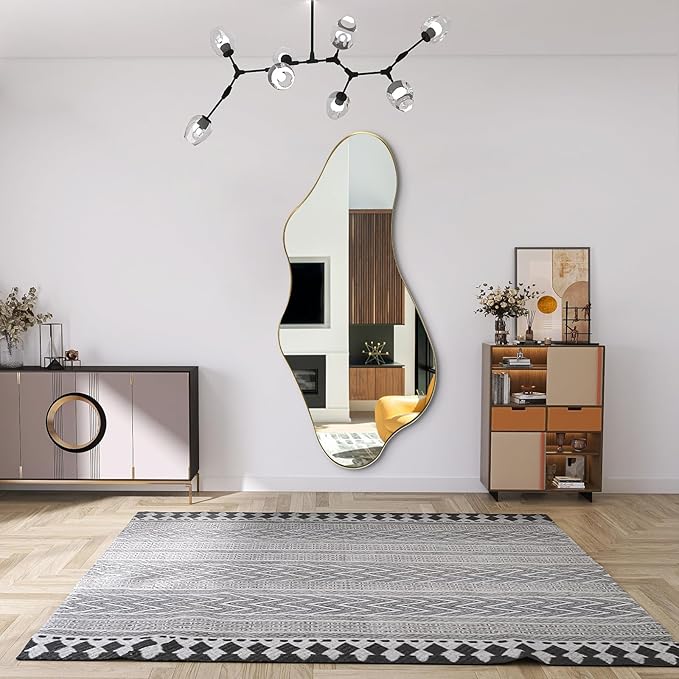 Large Irregular Mirror, Asymmetrical Mirrors Full Length, 55"x25.6" Wavy Shaped Mirror with Metal Frame, Gold Decorative Abstract Mirrors for Living Room Bathroom Bedroom Hallway Entryway
