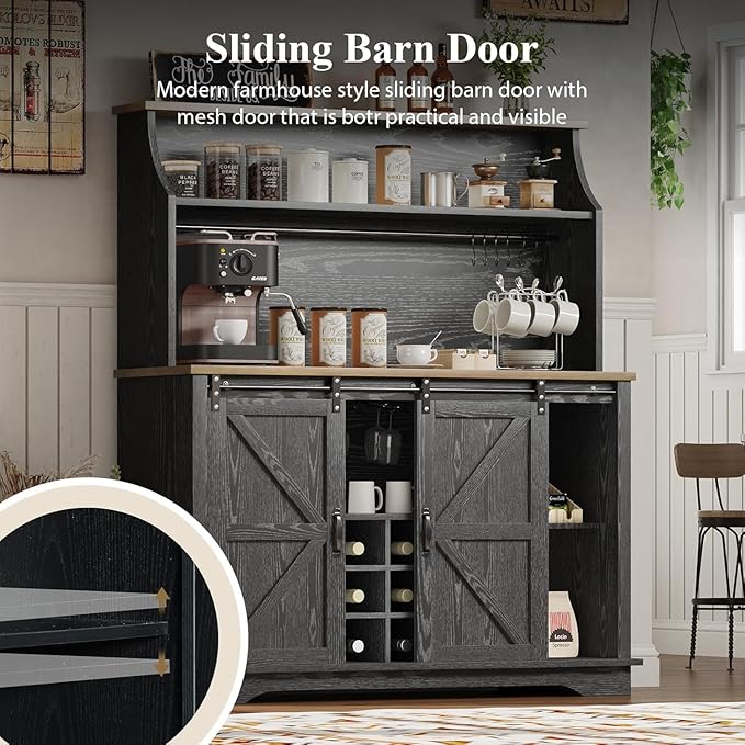 47 Inch Farmhouse Coffee Bar Cabinet with 3-Tier Storage, Coffee Bar Hutch with 9 Wine Racks, 3 Glass Holders, 6 Hooks, Kitchen Hutch for Dining Living Room, Black