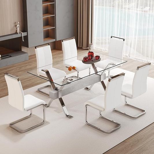 7 Piece Glass Dining Table Set, Kitchen Table Chairs Set for 6, 71'' Dining Table with 0.4" Tempered Glass Tabletop with Plated Metal Legs and MDF Crossbar, 6 PU Chairs for Dining Room, Kitchen.