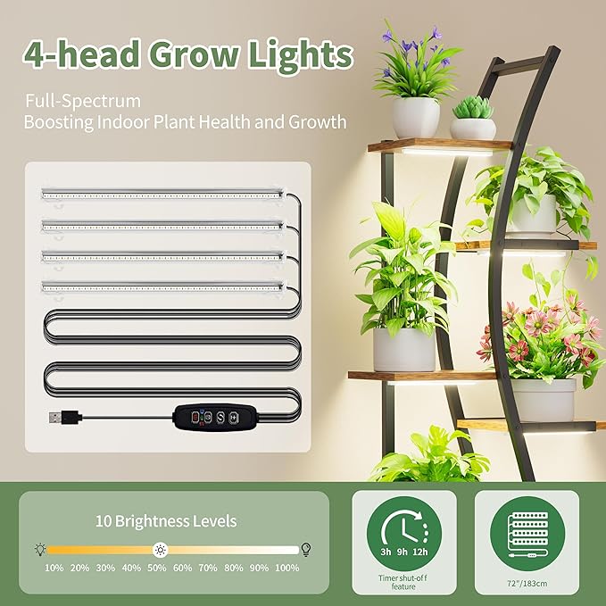 Plant Stand Indoor with Grow Lights - 7 Tiered Tall Metal Plant Shelf - Corner Wooden Plant Stand for Indoor Plants Multiple, Large S-Shape Flower Rack Holder for Living Room, Garden, Patio Decor, 62"