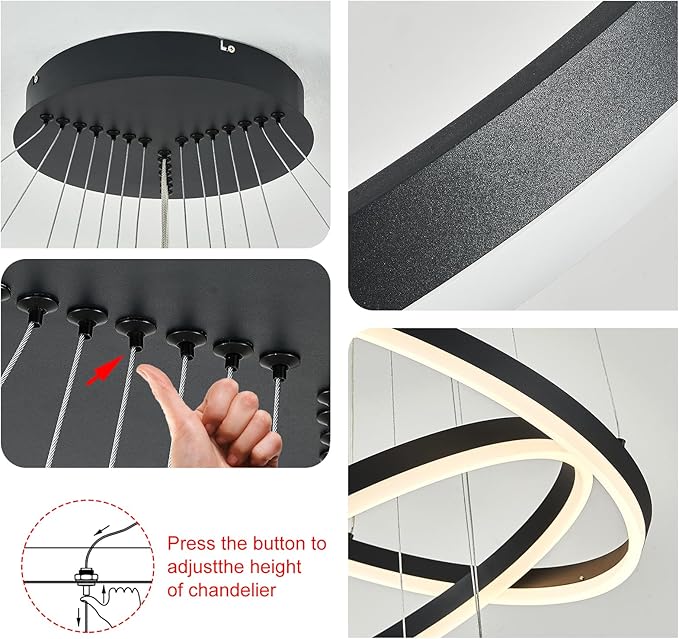 7-Rings D31.5’’ Modern LED Chandelier Black Dimmable High Ceiling Chandeliers Foyer with Remote Control for Staircase Entryway Dining Room Living Room, 3000K-6500K