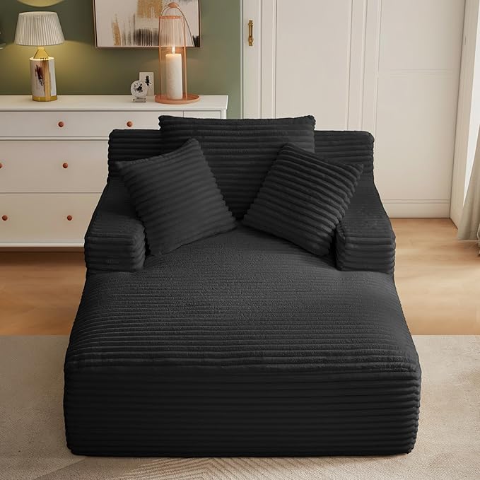 Boneless Couch Sofa Chiar Chaise Lounge Chair Indoor Upholstered Corduroy Couch Cloud Sleeper Sofa Oversized Reading Chair for Living Room No Assembly Required (Black, 50" W x 67" D)