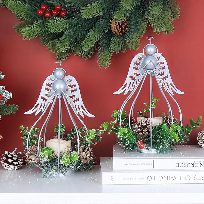 DECORKEY Christmas Decorations Outdoor&Indoor, 2PCS Andrew Candle Holders with Pine Cone, red Berry Wreath, Decorative Lanterns for Porch Centerpiece Table Decor Gift